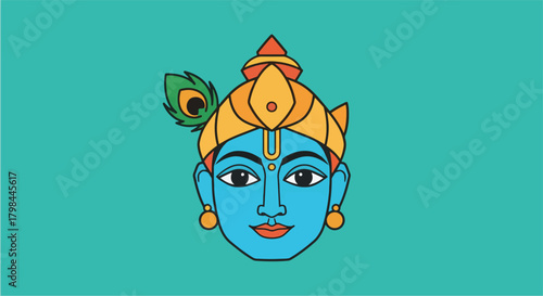 Lord Krishna smiling serenely with peacock feather adorning his crown, radiating peace and divinity in a minimalistic style on a teal backdrop.