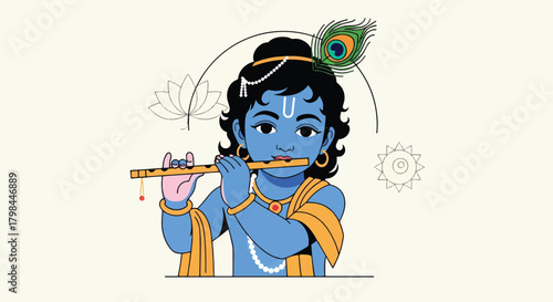 Lord Krishna playing flute in serene garden with lotus flowers and peacock feather, creating peaceful and spiritual atmosphere.