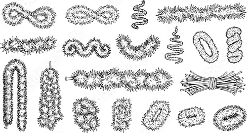 Hand drawn set of various tinsel and garland Christmas decorations. Festive line art elements for holiday design. Black and white sketch collection.