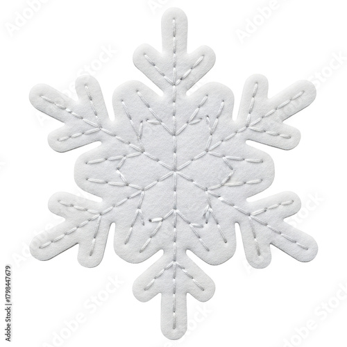 Elegant white felt snowflake decoration with delicate silver stitching for winter holiday design