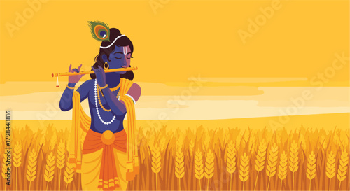 Krishna playing flute in golden wheat field under bright yellow sky, creating peaceful and spiritual atmosphere with traditional indian clothing.
