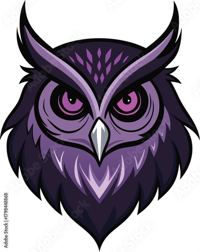 Majestic purple owl head illustration with intense pink eyes, a wise and powerful bird mascot design for various projects