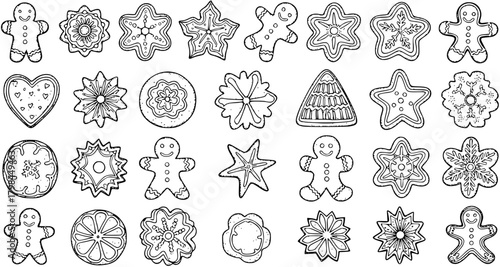 Detailed Outlines of Christmas Gingerbread Cookies and Festive Holiday Sweets Collection - Stars, Snowflakes, Hearts, Trees, Flowers Line Art Set