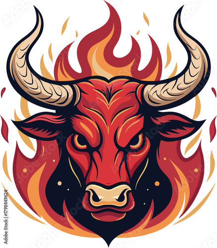 Fierce red bull head engulfed in dynamic flames, symbolizing raw power and unyielding strength