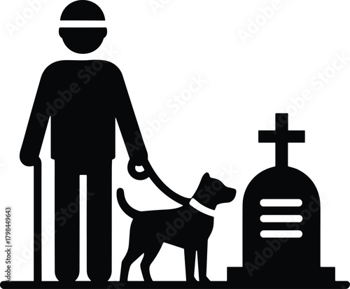 Grave visit silhouette, mourning scene, person with dog, black and white art, remembrance moment, emotional depth, loss, companionship, symbolic tribute, solitude