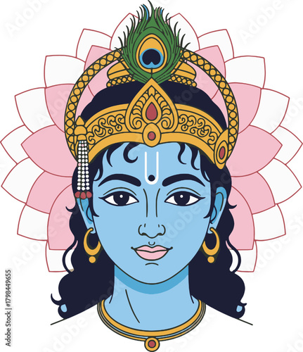Lord Krishna with blue skin and golden crown stands before a pink lotus flower, radiating peace and divinity in a spiritual representation.