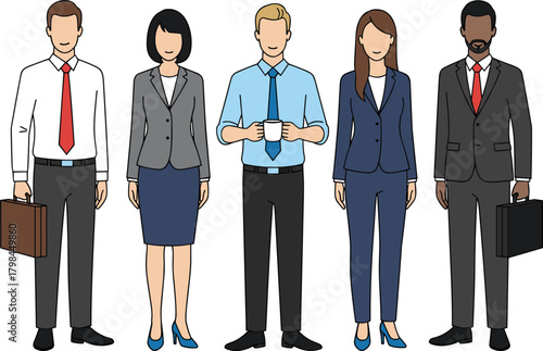 Group of business people standing together, professional team illustration in office attire, teamwork, leadership, diversity and corporate success concept