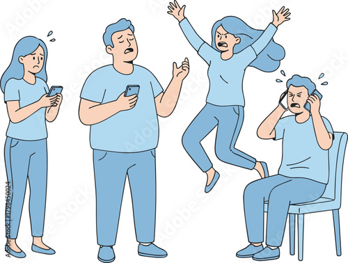 Group of people arguing illustration — frustrated coworkers shouting and stressed team members using phones in conflict communication scene
