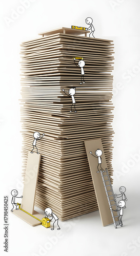 Doodle figures building a towering stack of papers, symbolizing teamwork, project management, data accumulation, or bureaucracy.