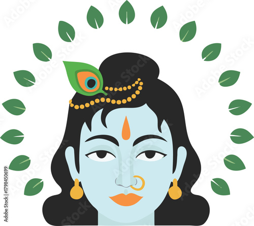 Hindu god Krishna adorned with peacock feather gazes serenely, surrounded by leafy halo, radiating peace and spirituality.