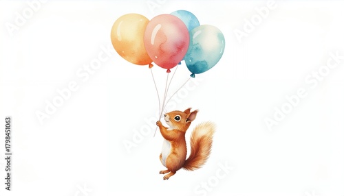 Adorable watercolor squirrel soaring with colorful balloons, a whimsical and joyful illustration perfect for childrens themes.
