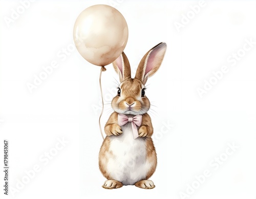 Adorable watercolor bunny with a pastel balloon, perfect for Easter and spring designs.