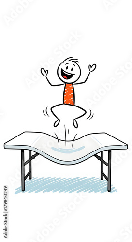 Wallpaper Mural Happy stick figure jumping on a flexible table, a playful cartoon illustration symbolizing joy and energy. Torontodigital.ca