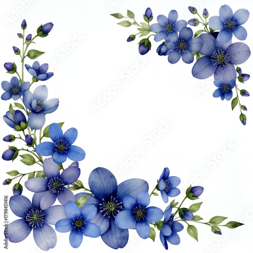 Beautiful Blue Floral Corner Frame Design with Delicate Watercolor Flowers and Green Leaves.