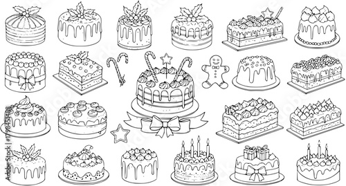 Festive Holiday Cakes, Pies, and Desserts Outline Set. Line Art Collection of Christmas Sweet Treats for Coloring Pages, Baking, or Decoration.