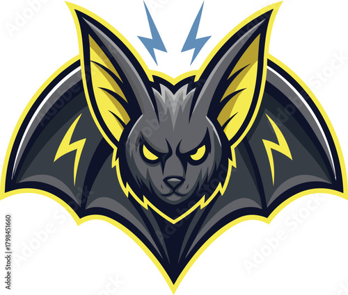 Dynamic black and yellow bat mascot illustration with electric lightning bolts, representing speed, power, and energy in a modern sports logo design
