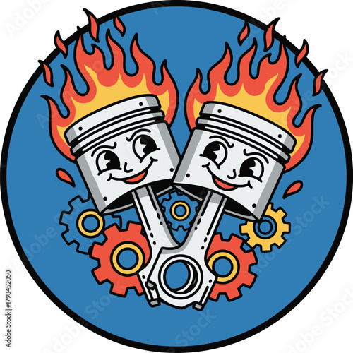 Flaming engine pistons cartoon, hot rod illustration, automotive mechanic art, vintage car logo, racing motor design with gears and fire