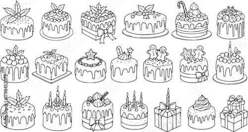 Hand-drawn Christmas and Holiday Cakes Collection with Gift Boxes, Festive Dessert Doodle Outline Vector Illustration Set for Coloring Book and Celebrations.