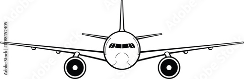 Front view airplane illustration, commercial jet aircraft vector, aviation transport graphic, passenger plane outline drawing for travel and flight industry design