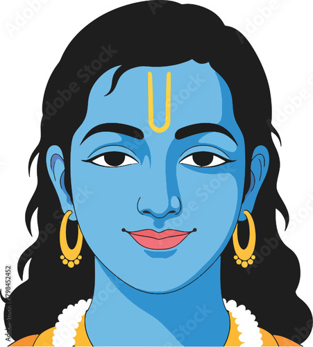 Lord Krishna with blue skin wearing golden earrings and a garland looks peaceful against a plain backdrop, emanating divine serenity.