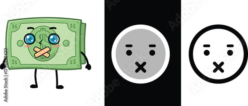 Funny money cartoon character with taped mouth and mute emoji icons, concept of silence, economy, and financial censorship