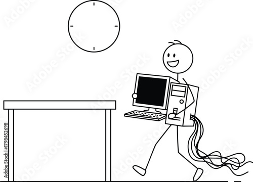 Funny stick figure carrying computer desktop and monitor to office desk, technology, work time and IT support concept illustration