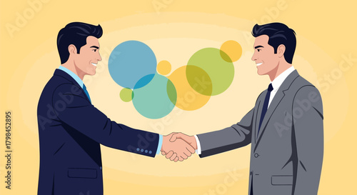 Two smiling men in business suits shake hands against a yellow background with colorful circles