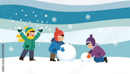 Joyful winter fun with kids making snowballs in a whimsical snowy landscape, perfect for holiday greeting cards