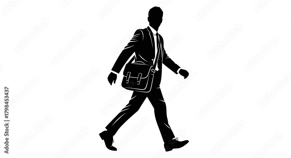 Obraz premium Silhouette of a man in a suit walking with a satchel