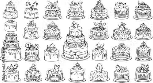 Hand drawn collection of festive and celebration cakes. Outline vector illustrations of various sweet desserts.