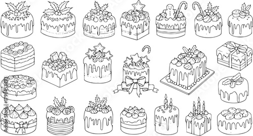 Festive Christmas Cakes Collection: Hand-Drawn Line Art Illustration of Holiday Desserts
