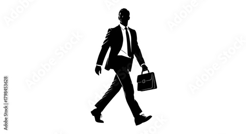 Silhouette of a businessman in a suit and tie walking with a briefcase