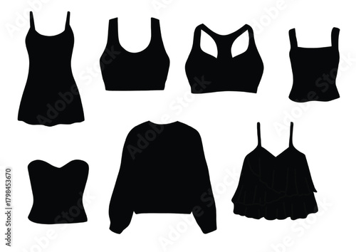 Black Silhouette Set of Women's Tops, Dress, and Corset