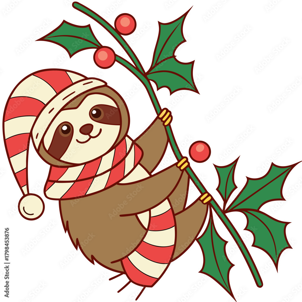 Naklejka premium Playful Sloth, set in a charming Christmas theme – Festive Cheer color vector art