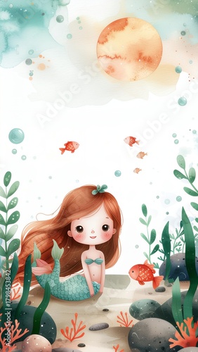 Cute watercolor mermaid with long red hair sitting on the ocean floor surrounded by fish and seaweed, with a full moon above the water.
