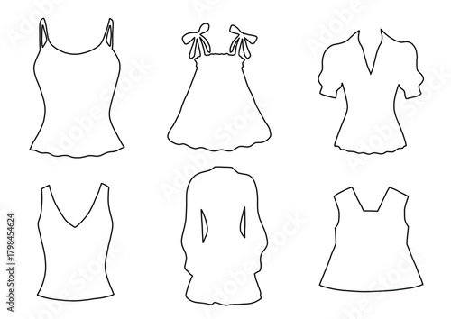 A set of six black vector outlines showing various women's apparel: peasant tops, off-shoulder blouse, tie-strap crop top, and V-neck dress.