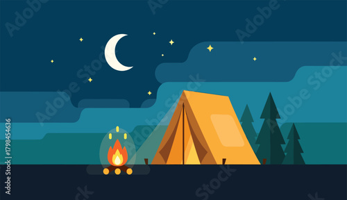 Experience the great outdoors with this minimalist camping scene under the stars, perfect for adventure and tranquil escapes