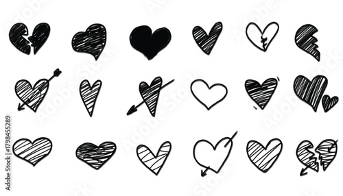 Collection of Black Hand-Drawn Heart Doodles, Broken Hearts, and Cupid Arrows