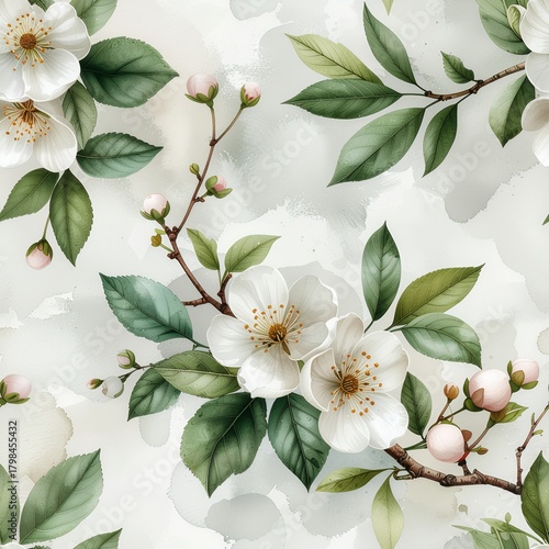 Elegant White Cherry Blossom Branches with Green Leaves Seamless Pattern.