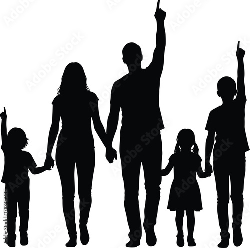 Family unity silhouette, group raising fingers, black and white art, shared belief gesture, togetherness concept, symbolic pose, generational bond, stylized scene