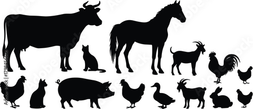 Farm animal silhouette collection featuring cow, horse, goat, pig, chicken, duck, rooster, rabbit, cat, barnyard livestock vector illustration