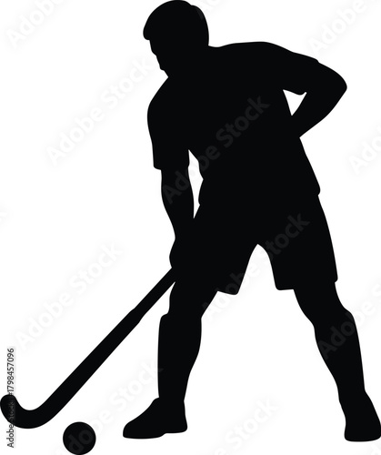 Field hockey silhouette, sports action pose, black and white art, athletic movement, hockey stick control, dynamic play, outdoor game, competitive moment
