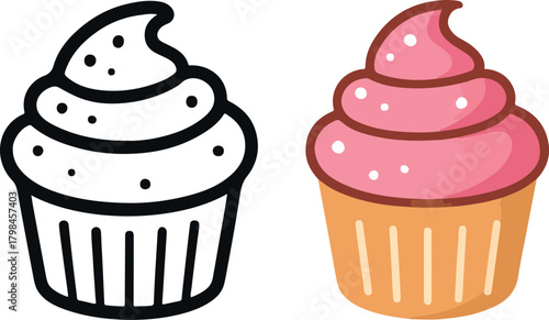 Cute pink frosting cupcake vector illustration isolated on white background for bakery design