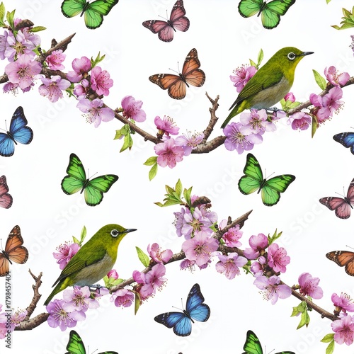 Seamless pattern with birds, butterflies, and cherry blossoms on a white background.