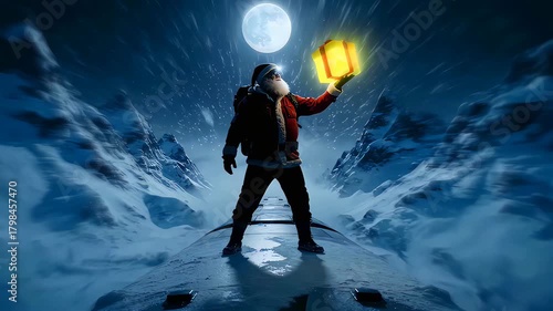Cinematic animation of santa claus with a glowing gift on a moving train in a snowy mountain landscape at night
