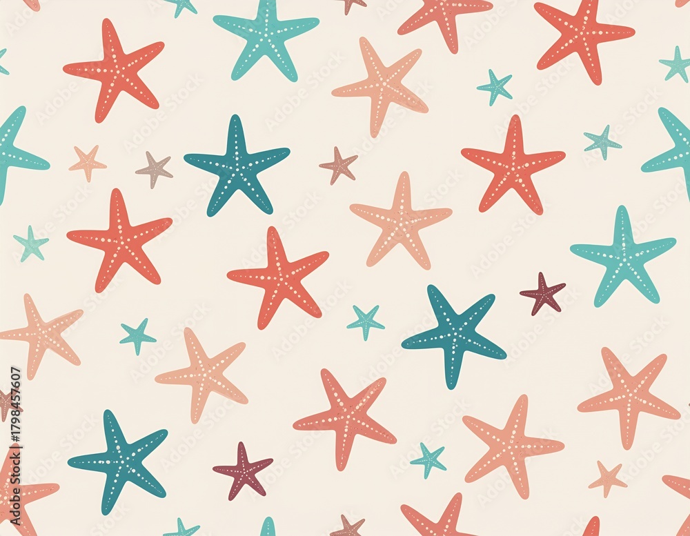 Obraz premium Seamless Pattern with Colorful Starfish on a Light Background, Perfect for Summer and Beach-Themed Designs.