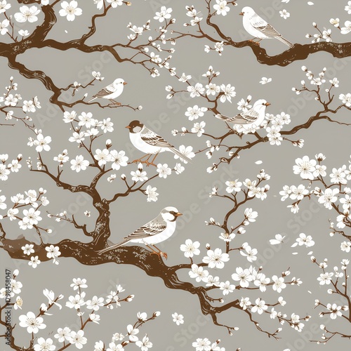 Seamless Pattern with White Cherry Blossoms and Birds on Branches.