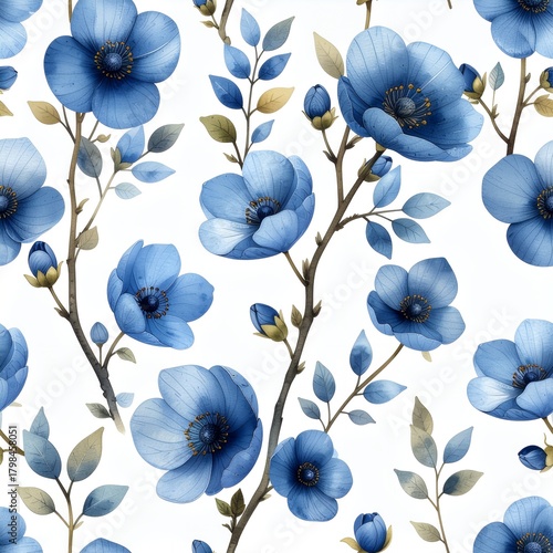 Seamless Pattern with Elegant Blue Anemone Flowers and Delicate Branches on White Background.