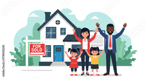 Happy Family Celebrates New Home Purchase House with 'Sold' Sign, Children and Parents Celebrating