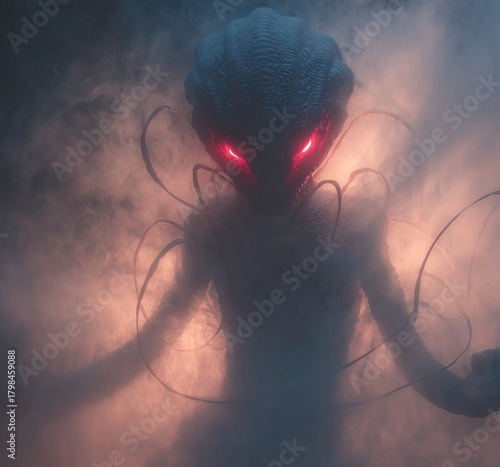 Mysterious Being: An enigmatic entity emerges from a shroud of mist, its crimson eyes hinting at an unfathomable presence, shrouded in an atmosphere of mystery and suspense.